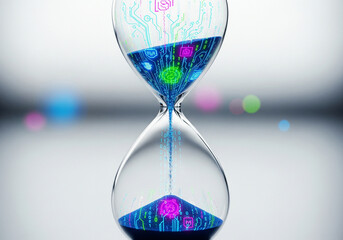 Digital Sands of Time: A Futuristic Hourglass with Glowing Data Streams