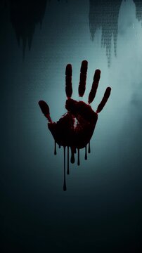 Bloody handprint against glass in eerie lighting. Horror themes, Halloween