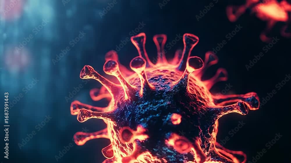 Poster glowing coronavirus particle floating in microscopic view
