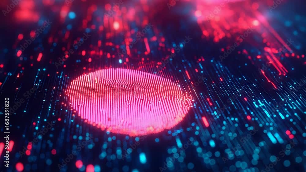 Poster fingerprint scanning on futuristic circuit board with data flowing