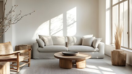 Beautiful Apartment, Sofa, Chair, Dining Table wall Mockup Interior design of modern living room