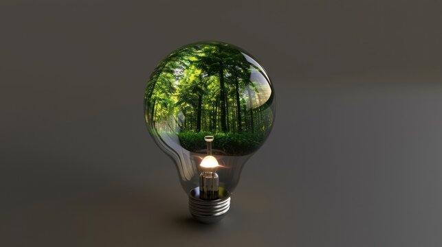 Eco Friendly Light Bulb Reflecting Forest Scene with Green Trees and Sunlight in Modern Environment