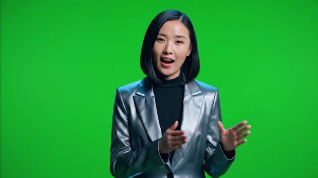 Professional presenter using a green screen for interactive microlearning content, expertly engaging viewers with chroma key technology for dynamic presentations