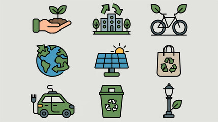 Fototapeta premium Green energy and sustainability concept with hand holding plant buildings and electric car solar panels earth bicycle