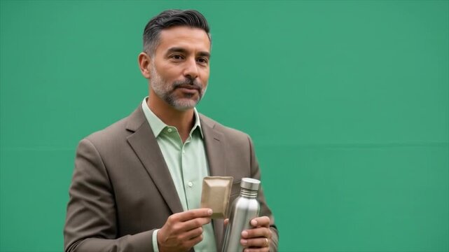 Professional presenter using green screen for interactive microlearning or chroma key video production