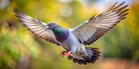Obraz premium A pigeon in midflight, wings spread wide, showcasing its iridescent plumage and focused gaze against a blurred background of green and yellow foliage