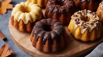 Assorted mini bundt cakes with various toppings, including chocolate, vanilla, and nut, arranged on a wooden platter, showcasing delicious dessert options for gatherings and celebrations