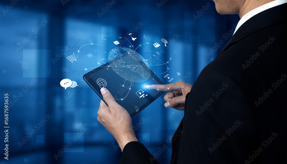 Aufkleber visualization of global digital communication and online across multiple platforms, including global