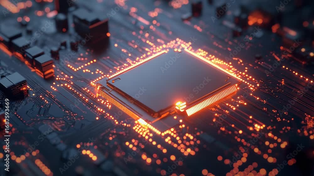 Poster cpu processing data on motherboard with orange lights