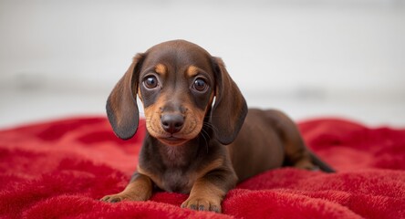 Portrait of a small, brown puppy with floppy ears, lying on a fluffy red blanket.