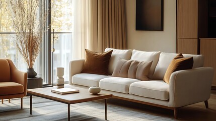 Beautiful Apartment, Sofa, Chair, Dining Table wall Mockup Interior design of modern living room
