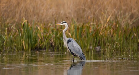 Naklejka premium Serene Waterbird. A Study in Grey, Green, and Brown Against a Blurry Backdrop.