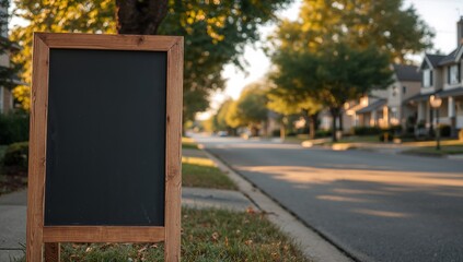 Standing Blank Board in a Suburban Setting Brown Wooden Frame and Green Foliage.