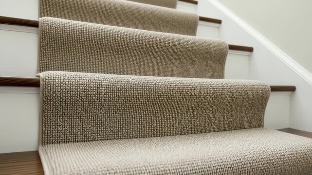 Side perspective of a freshly installed neutraltoned carpet stair runner cascading smoothly in waterfall style on a residential stairway.