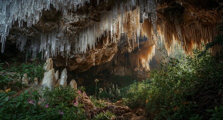 Enigmatic Grotto. Draped in Translucent Curtains, Illuminated by Sunbeams.