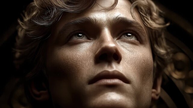 Man with Firm Gaze Looking Up to the Sky Full of Hope