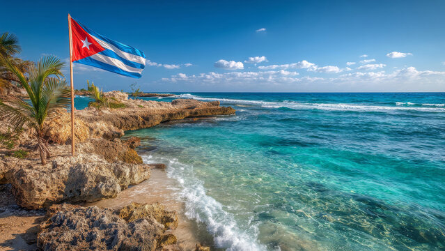 Cuba flag waving in the wind on a beautiful beach during Independence Day celebrations