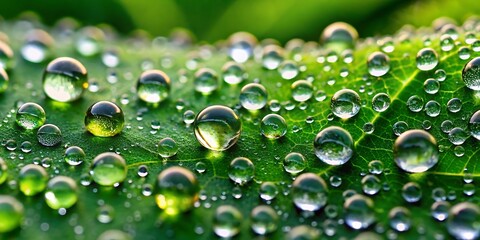Macro shot of water droplets on a green leaf