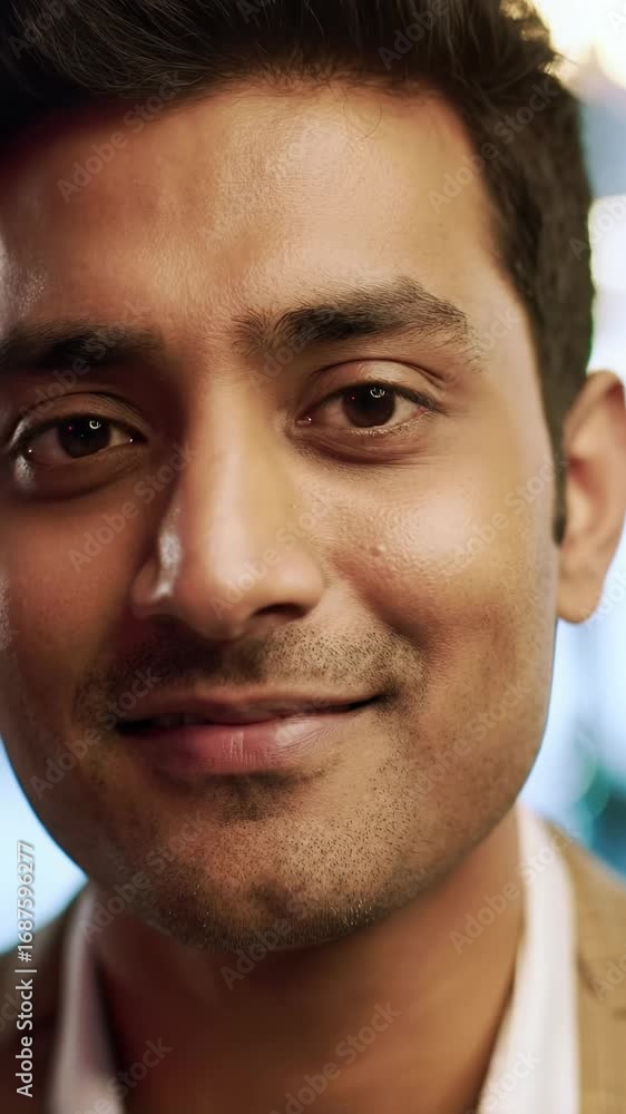 Poster dynamic light on a diverse professional's face shifts from intense focus to a confident smile, signi