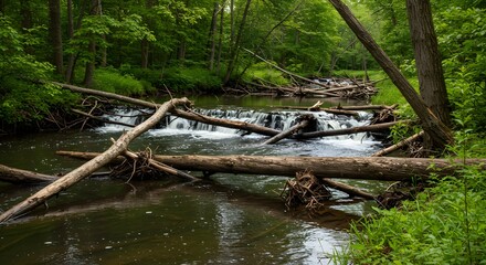 Forest stream with fallen logs