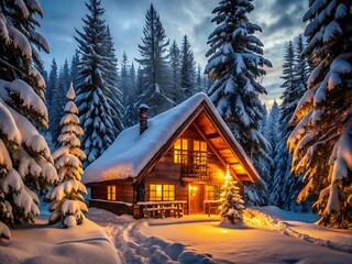 Fototapeta premium Cozy wooden cabin in a snowy forest at night