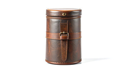 Brown leather container with buckle strap on white backdrop