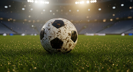 Fototapeta premium Muddy Soccer Ball on Stadium Field