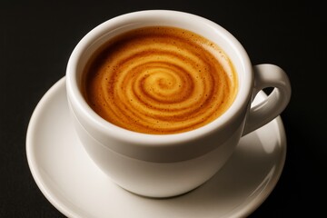 Hot espresso coffee with creamy swirl served in white ceramic cup and saucer, captured in realistic photo style on dark background