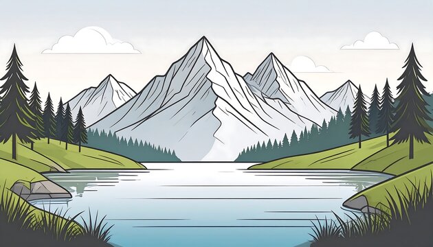 A serene landscape scene depicts a tranquil lake nestled between lush green hills and towering snow-capped mountains, featuring a calming color palette and detailed line art.