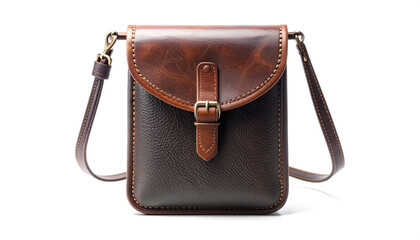 Leather crossbody bag with buckle detail on a white backdrop