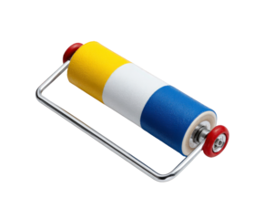 A colorful wallpaper roller with yellow, white, and blue stripes, isolated on transparent background