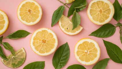 Fototapeta premium Citrus Composition on Pink Texture, Arrangement of Yellow Slices and Green Leaves.