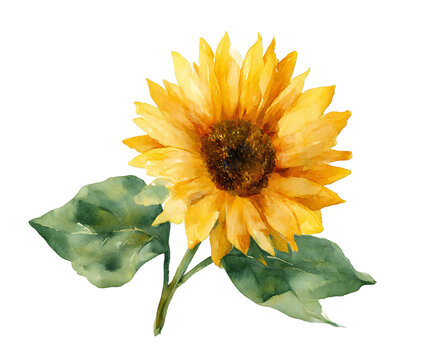 Fototapeta Beautiful watercolor illustration of a vibrant yellow sunflower with green leaves, isolated on a transparent background, perfect for summer and nature themes