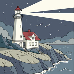 Iconic lighthouse with a guiding beam sweeps across a starry night sky over a rugged coastline, a beacon of hope and safety for mariners navigating the dark, serene ocean waters.
