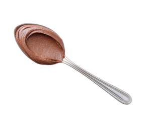 A silver spoon filled with creamy chocolate hazelnut spread, isolated on a transparent background