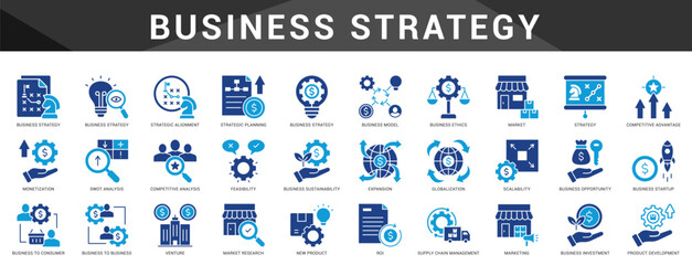 A strategic collection of icons for business planning, development, and competitive market positioning.