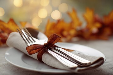 Elegant table setting features silverware wrapped in cozy napkin