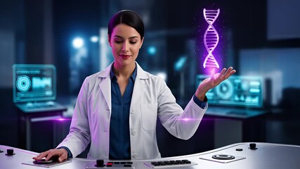 Elegant female scientist in a futuristic laboratory interacting with a glowing holographic DNA helix for advanced genetic research and discovery - Powered by Adobe
