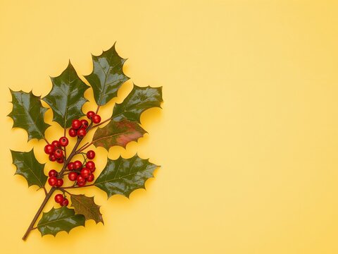 Botanical Composition. Green Leaves and Scarlet Berries on a Yellow Plain Backdrop.