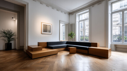 Fototapeta premium Spacious Modern Lounge with Brown Leather Sectional Sofa, Hardwood Floors, and Elegant Natural Lighting 