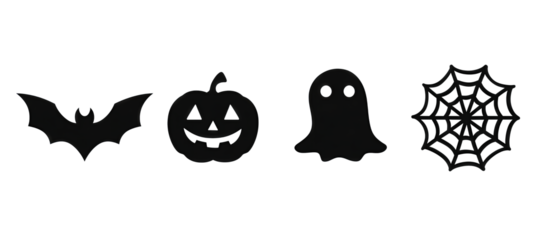 Bold silhouette icons of classic Halloween motifs arranged in a neat strip, isolated on transparent background.
