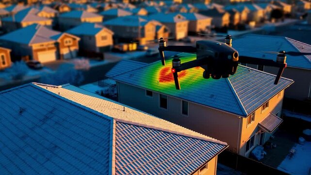 Thermal drone flight mapping temperature variations across sloped residential roofs ideal for early detection of roofing material deterioration and heat loss.