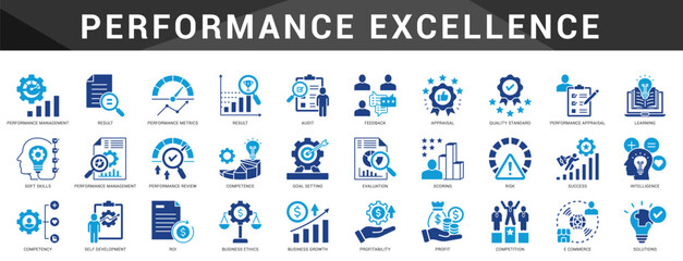 A collection of icons focused on performance measurement, KPI, and continuous review for excellence and growth in organizational success.