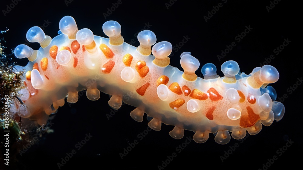 Poster close-up view of a translucent sea slug with intricate patterns.