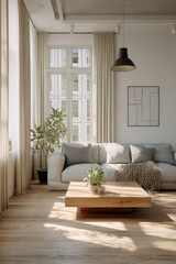 Modern Scandinavian Living Room with Light Wood Coffee Table, Gray Sofa, and Large Windows for Natural Light

