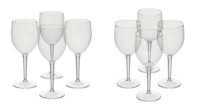 Elegant Clear Wine Glasses Arranged on White Background.