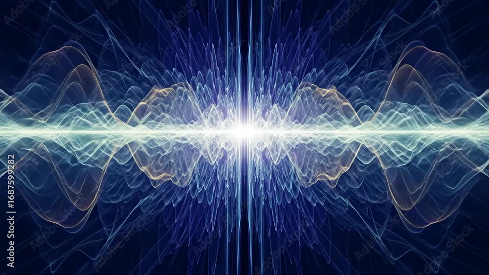 Poster quantum field waves background - abstract visualization of quantum fields, showing flowing, luminous