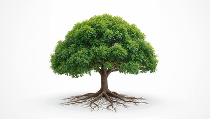 An Isolated Tree with Lush Green Foliage and Extensive Root System Against a White Background.