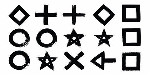 Collection of black grunge brush stroke geometric shapes including circles stars squares diamonds crosses and arrows