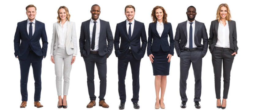 Lineup of business professionals standing in a row, full height view, facing camera, isolated on transparent background.
